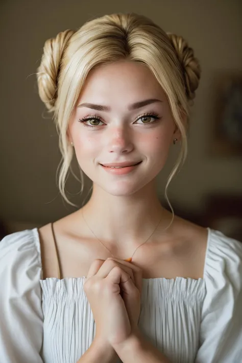 blonde hair, messy hair, big hair, shiny hair, heart hair bun, hairband, dilated pupils, sparkling eyes, shy, turn pale, cheek-to-cheek, forced smile, wearing a classical dress, drop shadow, pov, atmospheric perspective, Renaissance, cinematic lighting, En plein air, Realism, Expressionism, 8k, super detail, ccurate, best quality, award winning, masterpiece