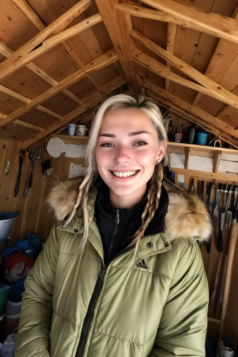 (high angle, closeup on face:1.2) photo of <lora:GeorgiaEllenwood_v3:.9> GeorgiaEllenwood,
smiling,
she is wearing winter coat
,
she is wearing piercing,
her hair is styled as side braid,
BREAK she is (in the shed:1.1),
radiant god rays,
8mm fisheye lens
,