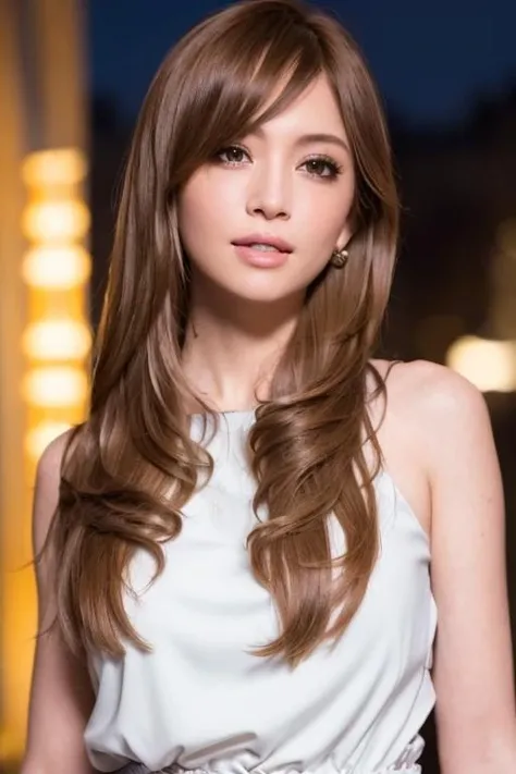 1girl,(wearing a blouse:1.4),(RAW photo, best quality), (realistic, photo-realistic:1.4), masterpiece, an extremely delicate and beautiful, extremely detailed, 2k wallpaper, Amazing, finely detail, extremely detailed CG unity 8k wallpaper, ultra-detailed, highres, soft light, beautiful detailed girl, extremely detailed eyes and face, beautiful detailed nose, beautiful detailed eyes,cinematic lighting,city lights at night,perfect anatomy,slender body,smiling <lora:hamasakiayumi_lora:0.7>,(long and wavy hair)