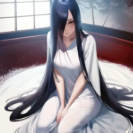 ((masterpiece)),(best quality), absurdres,sadako_yamamura,red eyes, white dress,<lora:Sadakobest:0.8>,<lora:sakimichanStyle_v15Fix:0.8>,