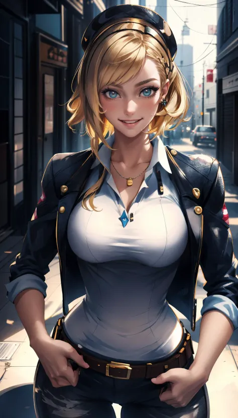 masterpiece, best quality, 1girl, cowboy shot, standing, smile, <lora:sakimichan:0.8> sakimichan, blonde hair, makeup, upper body,