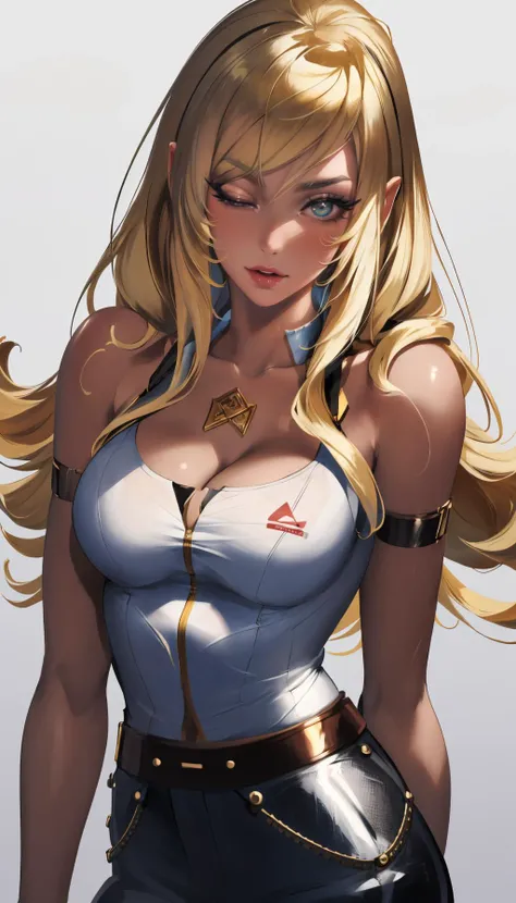 masterpiece, best quality, ((1girl)), cowboy shot, <lora:sakimichan:0.9> sakimichan, blonde hair, makeup, upper body, puckered lips, half-closed eyes,