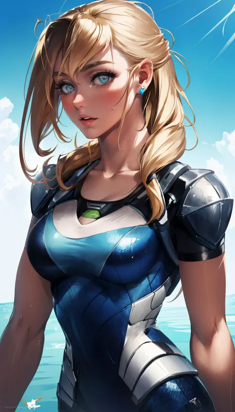 masterpiece, best quality, ((1girl)), <lora:sakimichan:0.9> sakimichan, blonde hair, makeup, upper body, facing away, looking away, parted lips, blue sky, grass, walking,