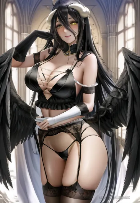 ((best quality)), ((highly detailed)), masterpiece, ((official art)), extremely detailed face, beautiful face, (detailed eyes, deep eyes), (1girl:1.33, solo), full body, heterochromia, <lora:albedoOverlord:.7>, albedo_(overlord), yellow eyes, very long hair, black hair, hair between eyes, ahoge, (white horns), (black wings, feathered wings), low wings, hip wings, large breasts, smile, ((black lace bra and panties and stocking, garter straps, garter belt)), <lora:sakimichanStyle_v15:.8>, sakimichan, (shiny skin)