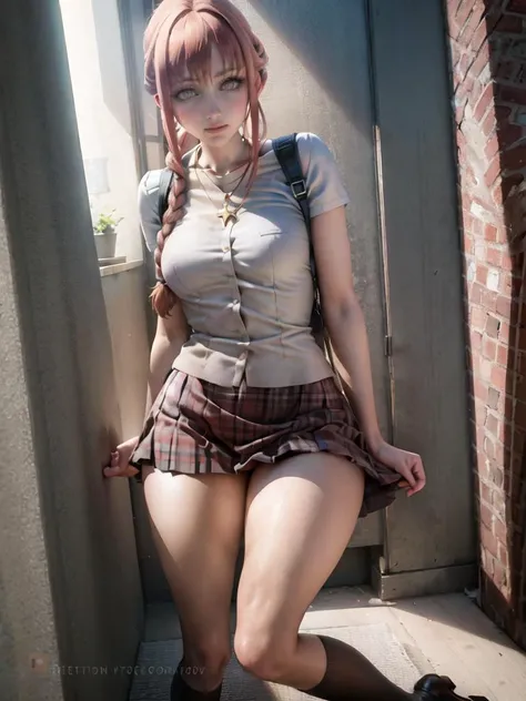 1girl, breasts, solo, brown hair, looking at viewer, star necklace, blush,thighs,<lora:sakimichanStyle_v15:0.9>,school uniform, realistic,(photo realistic:1.55), corneo_makima