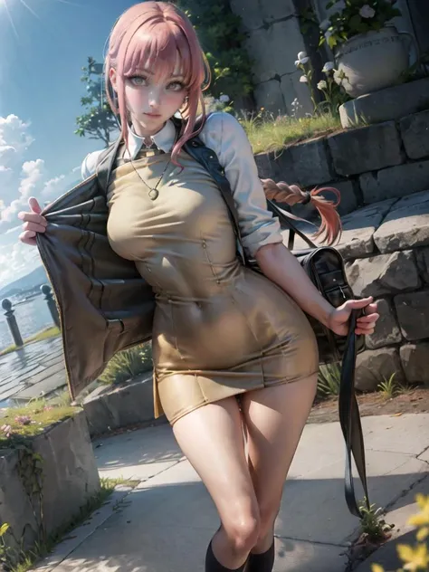 1girl, breasts, solo, brown hair, looking at viewer, star necklace, blush,thighs,<lora:sakimichanStyle_v15:0.9>,school uniform, realistic,(photo realistic:1.55), corneo_makima