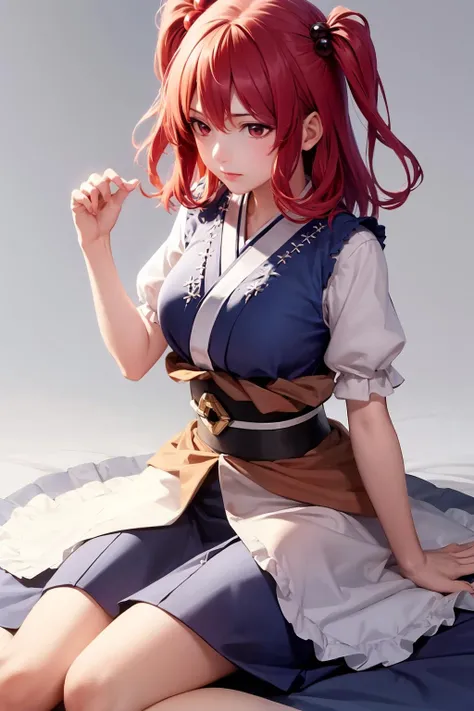 masterpiece, best quality, <lora:onozuka:1>,1girl,onozuka komachi, red eyes, hair bobbles, red hair, two side up, short sleeves, puffy sleeves, sash, obi,tabi, blue dress,grey background,