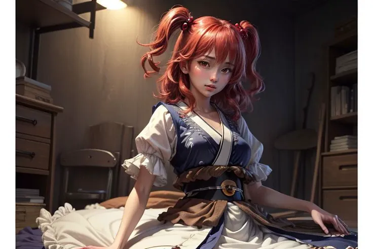 <lora:add_detail:0.75>
(Photorealistic, best quality, masterpiece), 1girl,
onozuka komachi, 1girl,red eyes, hair bobbles, red hair, two side up, short sleeves, puffy sleeves, sash, obi,tabi, blue dress <lora:onozuka:1>