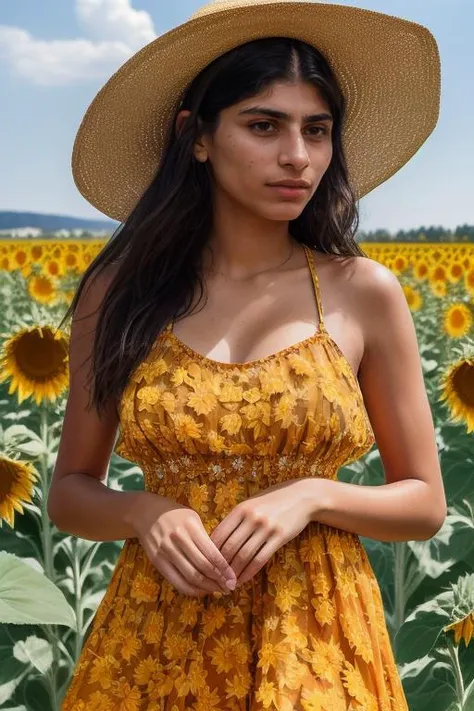 DEN_mia_khalifa,
(walking through a field of sunflowers wearing a (summer dress:1.3) and sun hat, field, sunflowers, summer, scenic:1.2),
bokeh, f1.4, 40mm, photorealistic, raw, 8k, textured skin, skin pores, intricate details  <lora:epi_noiseoffset2:1>, epiCRealism <lora:ClothingAdjuster3:-1>