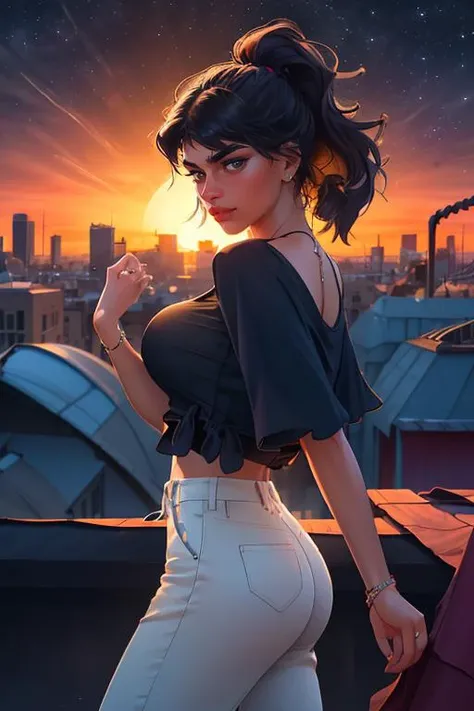 DEN_mia_khalifa,
((cityscape:1.2) scene posing on the (rooftops:1.2) at (sunset:1.2) wearing clothes, wearing trousers and a top, (plain top:1.2), (top:1.2), (trousers:1.2), (cityscape:1.2), (night time sunset sky:1.3), (dark:1.1), (evening:1.2), vibrant sky colours:1.2),
bokeh, f1.4, 40mm, photorealistic, raw, 8k, textured skin, skin pores, intricate details <lora:epi_noiseoffset2:1>, epiCRealism <lora:ClothingAdjuster3:-1>
