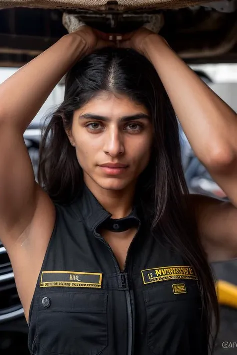 DEN_mia_khalifa,
(working in a garage on a mustang car engine covered in oil and dirt wearing a dirty jumpsuit, mechanic, working on a car, engine:1.2),
bokeh, f1.4, 40mm, photorealistic, raw, 8k, textured skin, skin pores, intricate details  <lora:epi_noiseoffset2:1>, epiCRealism <lora:ClothingAdjuster3:-1>