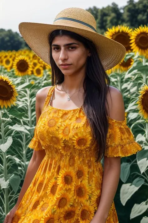 DEN_mia_khalifa,
(walking through a field of sunflowers wearing a (summer dress:1.3) and sun hat, field, sunflowers, summer, scenic:1.2),
bokeh, f1.4, 40mm, photorealistic, raw, 8k, textured skin, skin pores, intricate details  <lora:epi_noiseoffset2:1>, epiCRealism <lora:ClothingAdjuster3:-1>