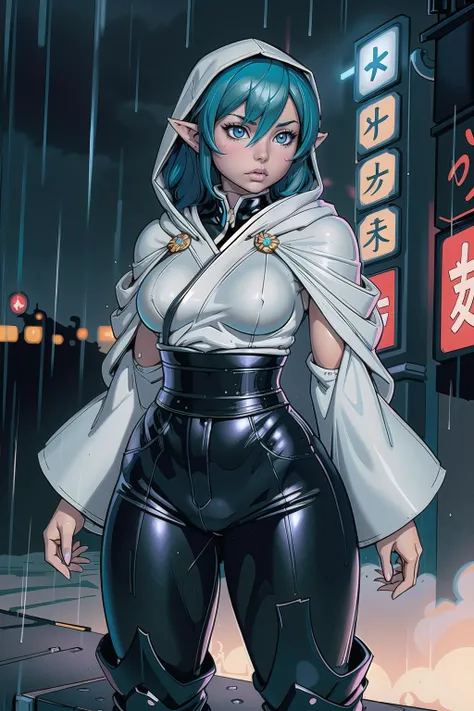 (masterpiece, best_quality, ultra-detailed, immaculate:1.3), epic, illustration, elf arctic ,ninja lord , latex , hakama trousers,, hooded cloak, mouth mask,pastel ultraviolet hair with aqua highlights, curly hair, long hair, , small breasts, slim figure, short, full body, war fan, split, rainy night, in immaculate Paris, in galactic, spring Jupiter's atmosphere, bombshell hair, neon black hair, bombshell hime cut, shrugging<lyco:EnvyThiccMix05:1>