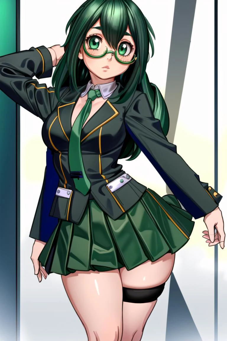 ((best quality)), ((highly detailed)), masterpiece, (detailed eyes, deep eyes), (1girl), (glasses), , cowboy shot, ((thigh strap)), <lora:hairdetailer:.8>, <lora:tsuyuAsuiLora:.9>, asui tsuyu, green eyes, green hair, low-tied long hair, tied hair, hair rings, medium breasts, wide hips, thick thighs, (froggirl), school girl, white collared shirt, school uniform, green skirt, ((red necktie)), ((grey blazer)), black socks, brown loafers, u.a. school uniform, (at a mansion), <lora:EnvyThiccMix05:.9>