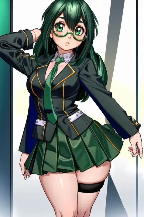 ((best quality)), ((highly detailed)), masterpiece, (detailed eyes, deep eyes), (1girl), (glasses), , cowboy shot, ((thigh strap)), <lora:hairdetailer:.8>, <lora:tsuyuAsuiLora:.9>,  asui tsuyu, green eyes, green hair, low-tied long hair, tied hair, hair rings, medium breasts, wide hips, thick thighs, (froggirl), school girl, white collared shirt, school uniform, green skirt, ((red necktie)), ((grey blazer)), black socks, brown loafers, u.a. school uniform, (at a mansion), <lora:EnvyThiccMix05:.9>