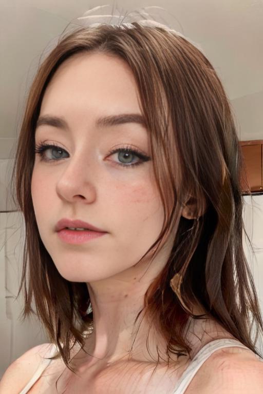 A close up of a woman with a white tank top and a mirror - SeaArt AI