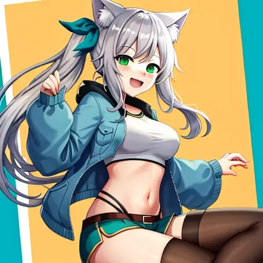 <lora:hizukimiuV0.3-20:0.6>, (hizukimiu),shorts, thighhighs,jacket, virtual youtuber, green eyes, cat girl,toon \(style\),happy,(hair green ribbon:1.1),