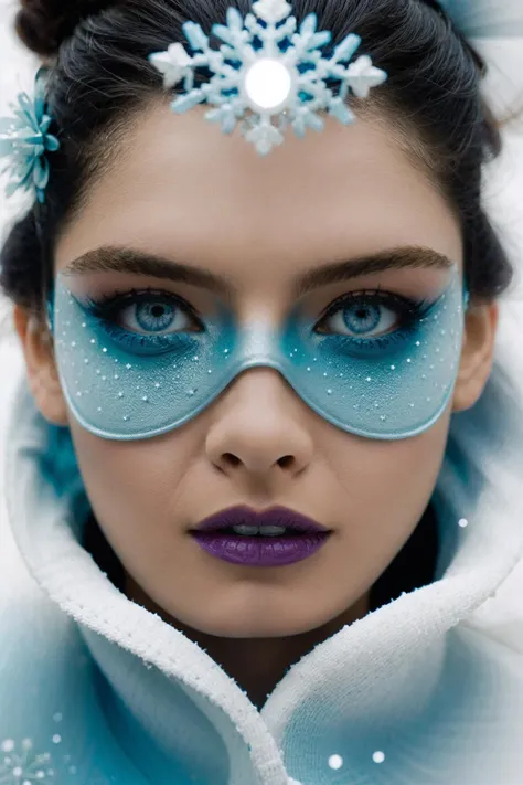 Frostpunk Fashion Photography, cybergoth edition, white glacial blue, minimalism, smoked eye shadow, illuminated white bulging biomorphic dot pattern, illuminated eyes, glacial landscape, glacial flowers, bokeh snowflakes, volumetric particle dust, powdered paint pigment, vivid color, infrared film, misty aether houte - couture rococo glacial clothing, holga medium format camera, etherial lighting, backlighting <lora:Alexa_Davalos_512x768:0.85>