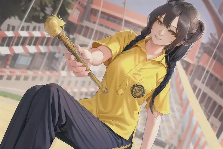 <lora:THAIPE:1>, THAIPE, navy long track pants, short sleeve shirt, ultra high res, pose, masterpiece, random hair, ultra detailed, intricate details, shiny skin, realistic, beautiful, festival background, girl playing with lion