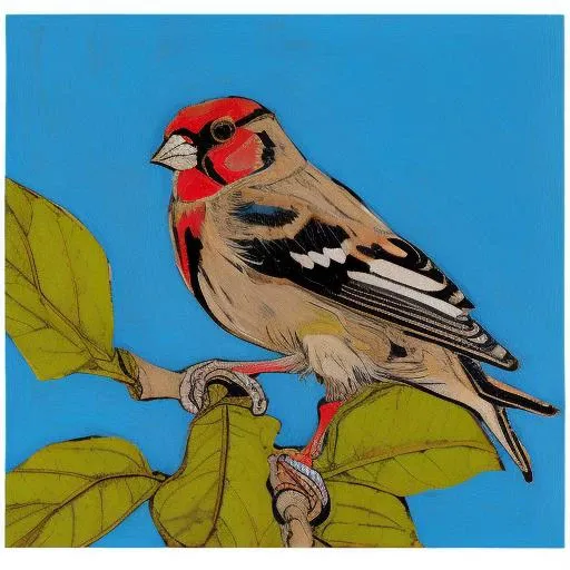 an aged, very detailed illustration of a finch in a leaf, bold line drawing in ink covered with gouache brushstrokes, in the style of llbrbs_02 <lora:add_detail:1> , mike mignola, egon schiele