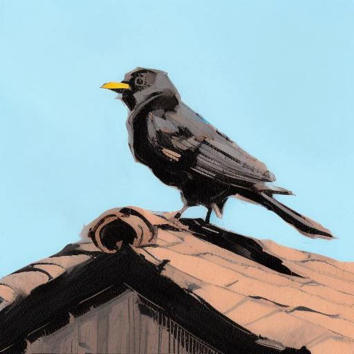 an aged, deteriorated, very detailed illustration of a black bird in a rooftop, ink line drawing covered with gouache, brushstrokes, in the style of llbrbs_02 <lora:add_detail:1>