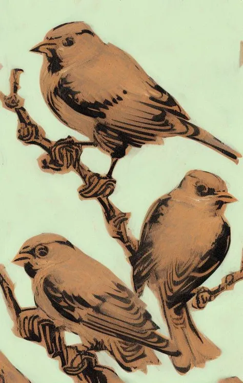 an aged, very detailed illustration of a group of little cute colorful birds in the branches and leaves, bold line drawing, ink covered with gouache, brushstrokes, golden hour, ((in the style of llbrbs_02)) <lora:add_detail:1>