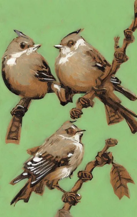 an aged, very detailed illustration of a group of little cute colorful tits in the branches and leaves, line drawing, ink covered with gouache, brushstrokes, golden hour, ((in the style of llbrbs_02)) <lora:add_detail:1>