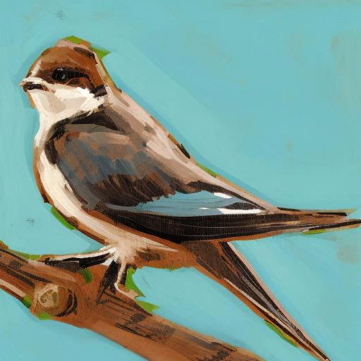 an illustration of a house martin in a tree branch, gouache, ink, brushstrokes, in the style of llbrbs_02 <lora:add_detail:1>