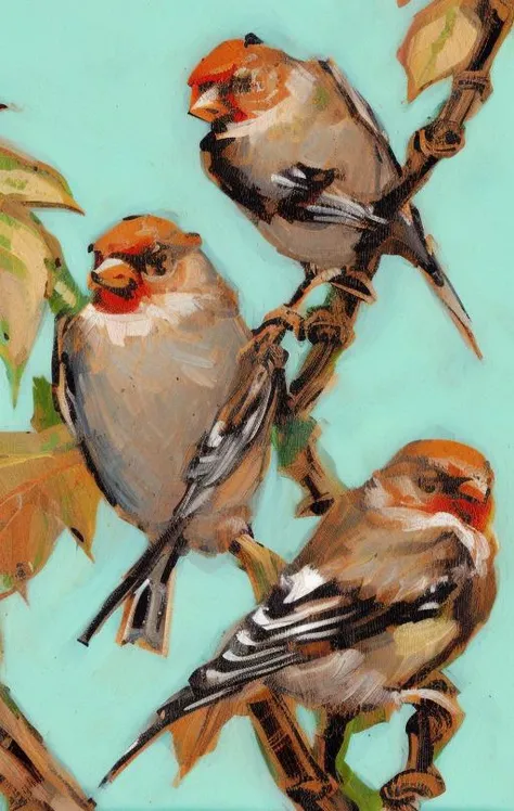 an aged, very detailed illustration of a group of little cute colorful finches in the branches and leaves, line drawing, ink covered with gouache, brushstrokes, golden hour, ((in the style of llbrbs_02)) <lora:add_detail:1>