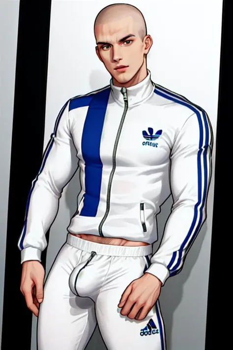 young man, defined body, white adidas track suit, big bulge in trousers, shaved head, square jaw, stubble, looking at viewer