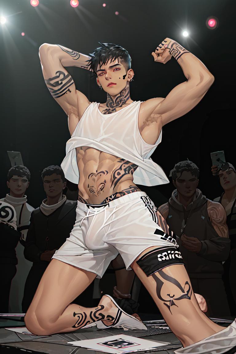 Arafed male in white shirt and shorts performing on stage - SeaArt AI