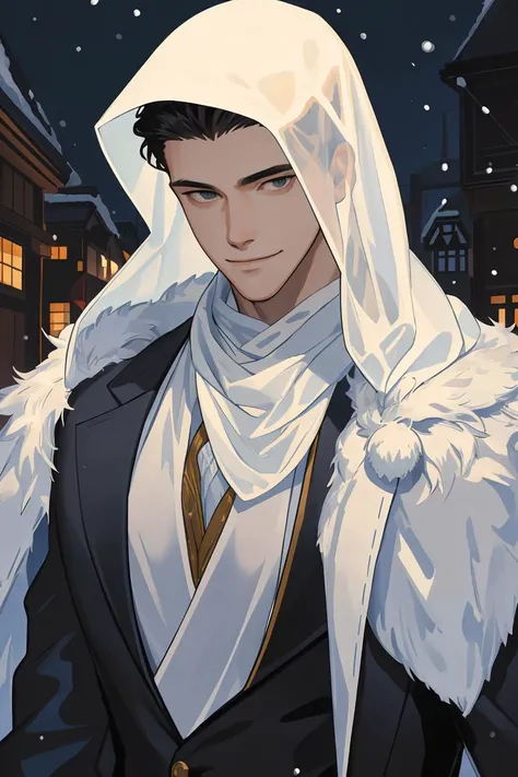 masterpiece, best quality, realistic, 1man, male focus, tall muscular, handsome, smile, closed mouth, suit, portrait, extremely detailed face, snowy winter night