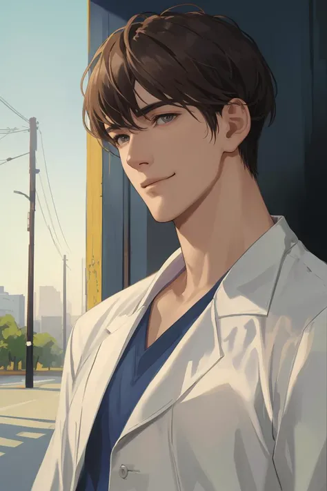masterpiece, best quality, realistic, 1man, mature male, tall muscular, handsome, smile, closed mouth, portrait, extremely detailed face, casual clothes