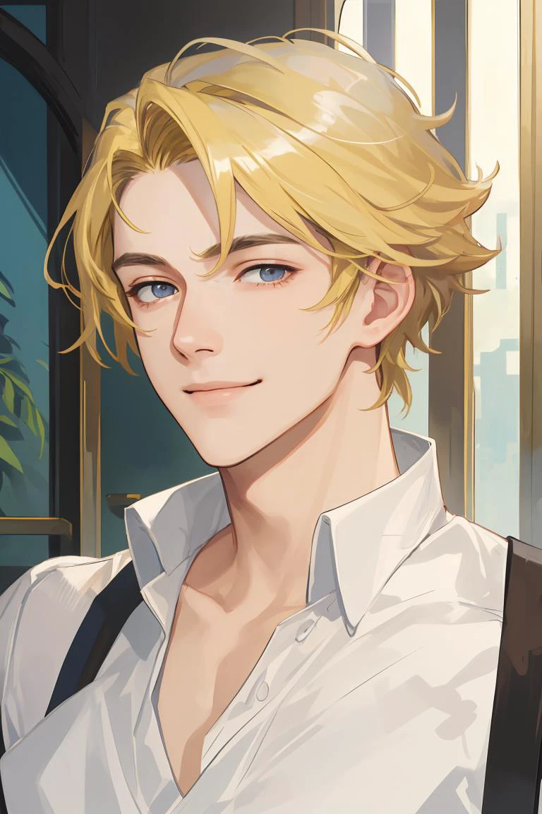 masterpiece, best quality, realistic, 1man, mature male, tall muscular, handsome, smile, closed mouth, portrait, extremely detailed face, (short hair), (blonde hair)
