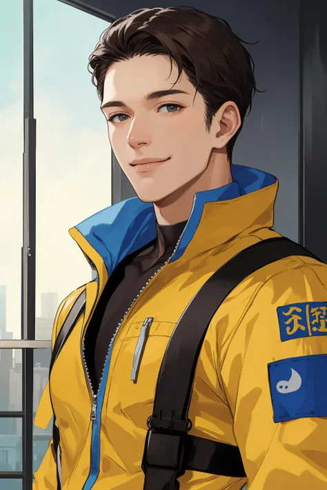 masterpiece, best quality, realistic, 1man, mature male, tall muscular, handsome, smile, closed mouth, portrait, extremely detailed face, jumpsuit