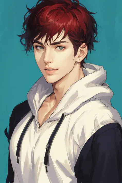 masterpiece, best quality, (realistic), 1 male, adult, tall muscular guy, broad shoulders, handsome, (very short hair:1.4), bright hair, casual clothes, oversized hoodie, portrait, angular jaw, thick eyebrows, relaxed lips, soft smile