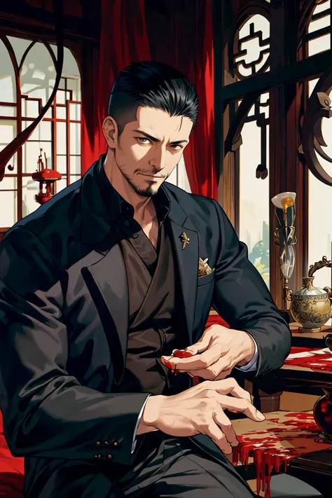 masterpiece, best quality, realistic, 1man, mature male, natural light and shadow, (A man controlling blood around him), (blood magic), fantastic, fairy tale, mysterious, supernatural, depth of field, ASIAN GOATEE, (asian slick back haircut), cowboy shot, evil vibe, antagonist, strategist
