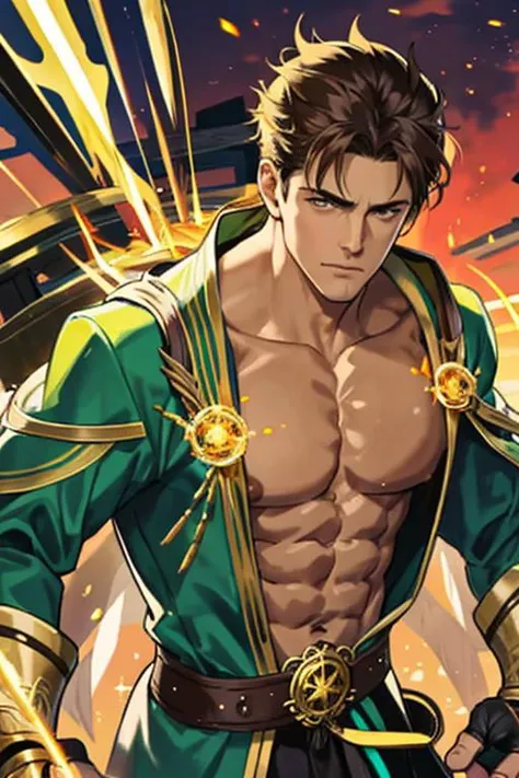 masterpiece, best quality, realistic, 1man, mature male, skinny muscular body, broad shoulders, handsome, thick eyebrows, angular jaw, extremely detailed eyes, tilting head, relaxed lips, big arms, perfect face, handsome, long_sleeves, open chest, looking_at_viewer, radiant_light_rays, ruins, red_sky, glow_gold_particles, radiant_light_rays, glow_gold_particles, realistic