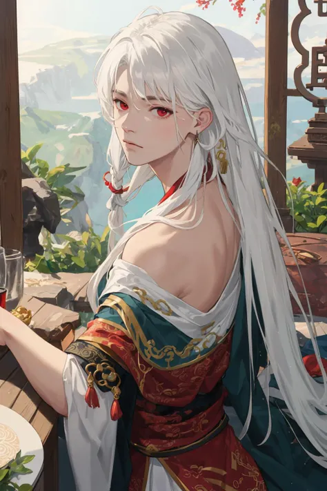 nsfw, masterpiece, best quality, ultra-detailed, semi-realistic, detailed facial features, 1boy, white hair, long hair, red eyes, wearing xianxia ancient clothes