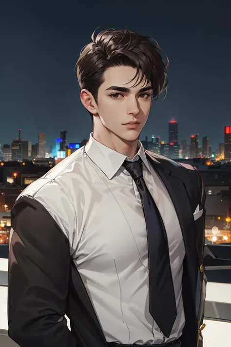 realistic, (absurdres, highres, ultra detailed), 1 male, solo, mature, tall muscular guy, broad shoulders, handsome, very short hair, black hair, pomade, brown eyes, angular jaw, thick neck, thick eyebrows, night, dark, the night view of the city background, formal suit, necktie, upper body