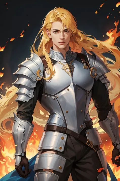 (absurdres, highres, ultra detailed, realistic, ), 1 male, solo, adult, mature, tall muscular guy, broad shoulders, handsome, (very long hair:1.4), angular jaw, thick neck, thick eyebrows, tilting head, knight, armor, flame, fire, (blonde hair), cowboy shot, swirling wind