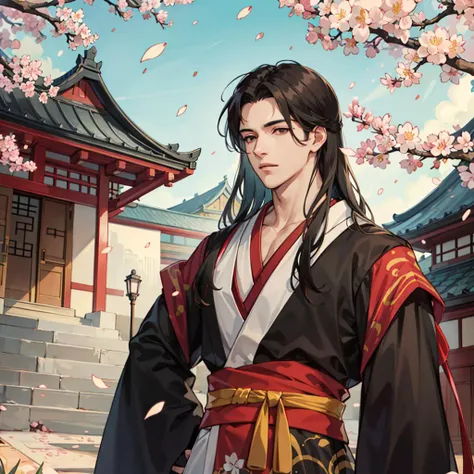 detailed, man, with long, black, hair, against the background of sakura, falling petals, male kimono, full length, Chinese houses, pagodas, dragons, muscular, handsome, upper body