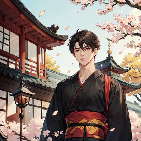 detailed, man, with long, black, hair, against the background of sakura, falling petals, male kimono, full length, Chinese houses, pagodas, dragons, muscular, handsome, upper body