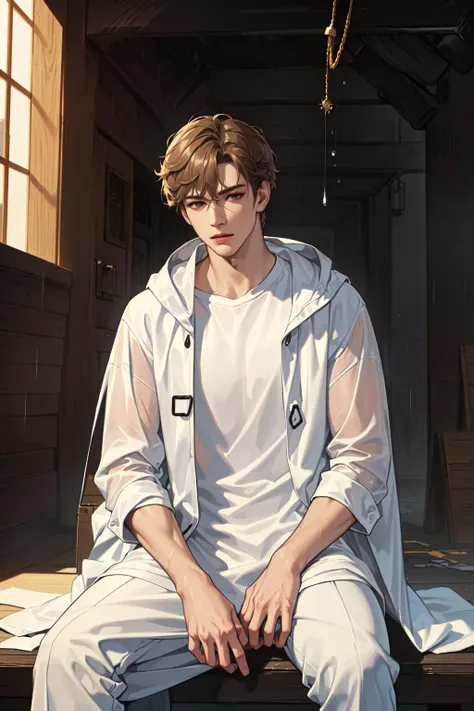 absurdres, illustration, male, solo, adult, mature, handsome_male, toned, raincoat, blunt cut, sitting on lap, filthy, anxiety, <lora:add_detail:1.5>
