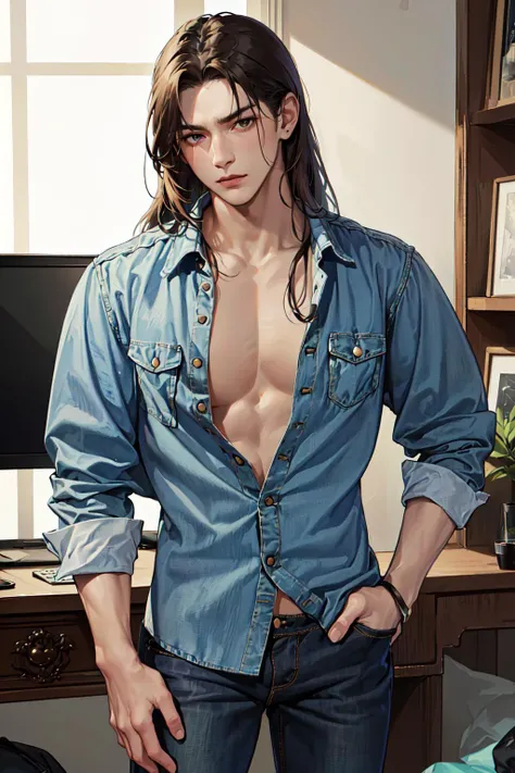 absurdres, illustration, male, solo, adult, mature, handsome_male, hale, denim shirt, long hair, bras d'honneur, tense, monitor, <lora:add_detail:1.5>