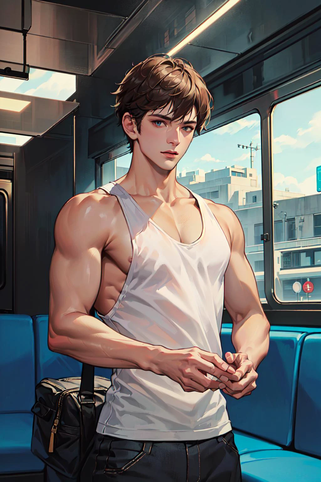 absurdres, illustration, male, solo, adult, mature, handsome_male, sturdy, tank top, medium hair, star hands, fantastic, train, <lora:add_detail:1.5>, <lora:handsome_male-02:0.8>
