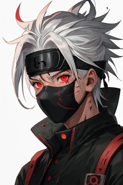 masterpiece, best quality,kakashi, 1boy, male focus, solo, forehead protector, mask, red eyes, glowing, scar, konohagakure symbol, mouth mask, white hair, glowing eyes, ninja, scar on face, ninja mask, looking at viewer, scar across eye, white background