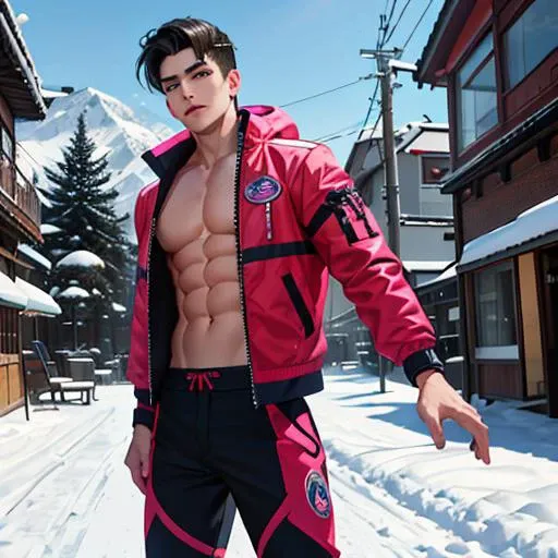 arafed male model in colorful jacket and snow pants posing for a picture, sexy muscular body, anime 3 d art, araki nobuyoshi, tiktok, by Wu Shixian, archie andrews, skiing, jair bolsonaro, large chest, photo model, jung jaehyun