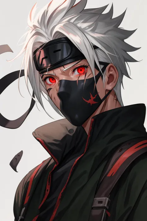 masterpiece, best quality,kakashi, 1boy, male focus, solo, forehead protector, mask, red eyes, glowing, scar, konohagakure symbol, mouth mask, white hair, glowing eyes, ninja, scar on face, ninja mask, looking at viewer, scar across eye, white background,sharingan