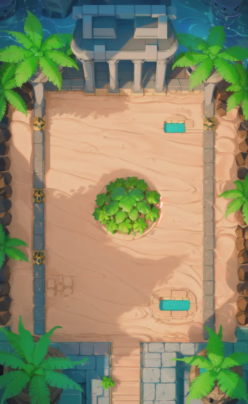 game map,( game concept art design:1.1), isometric art, (cartoon hand drawn style:1.2), simple geometry,(colorful:0.6),detail,flat game art,3d,low mesh, overlooking,viewed from above,plat,(bush,:1.2),(night:1.3),(interiors:1.3),surrounding walls, stone pillars, flat land in the middle,( tropical rainforest:1.3), water,coconut trees, shrubs, grass,game engine rendering, super high quality rendering, crisp lines, geometry,masterpiece,best quality,official art,C4D,extremely detailed CGunity 8K wallpaper, highly detailed, illustration,unreal engine,artstation,unreal 5, daz, hyperrealistic, octane render, high-quality shadows, <lora:Dua_OverlookMapV2:1>